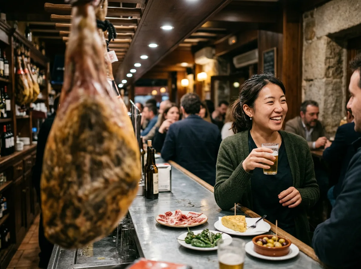 Traditional Spanish tapas spread at a Madrid bar