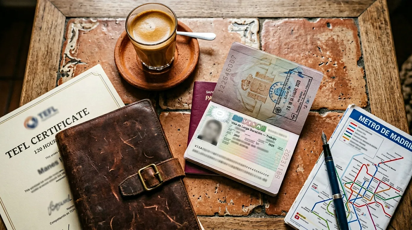 TEFL certificate and Spanish visa documents flat-lay