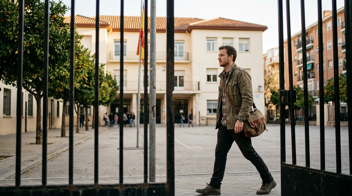 Spanish public school exterior with students