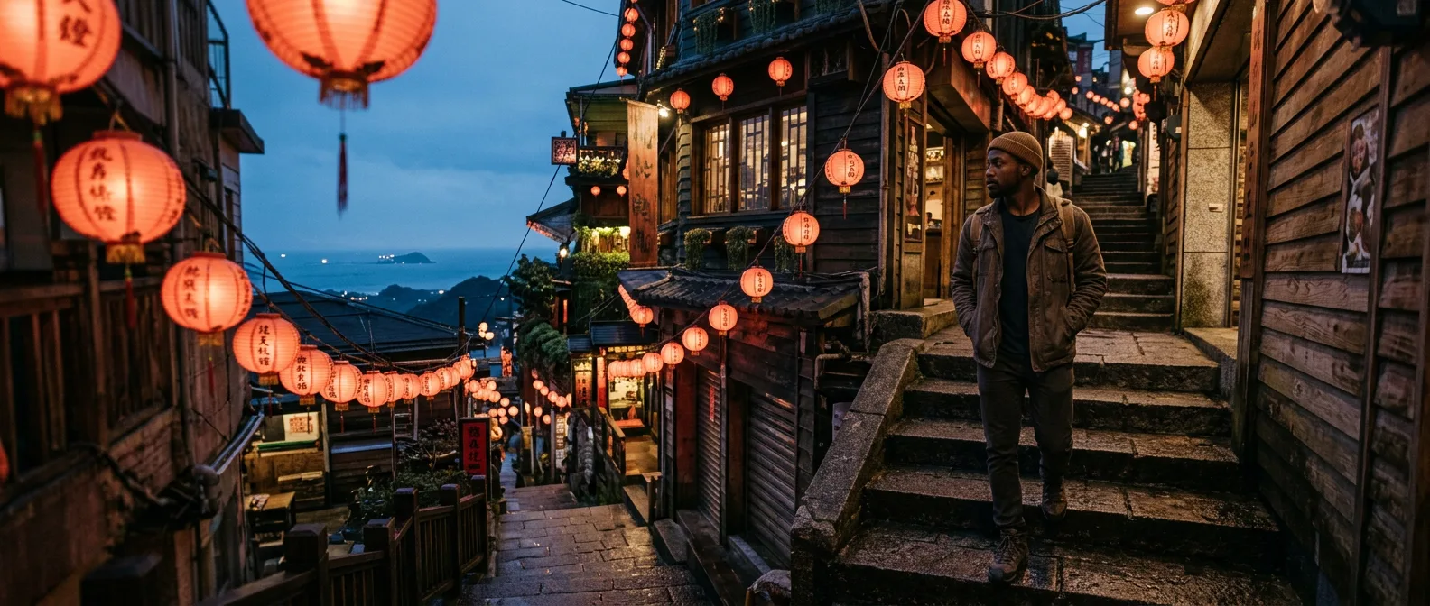 Jiufen old street lanterns at night near Taipei