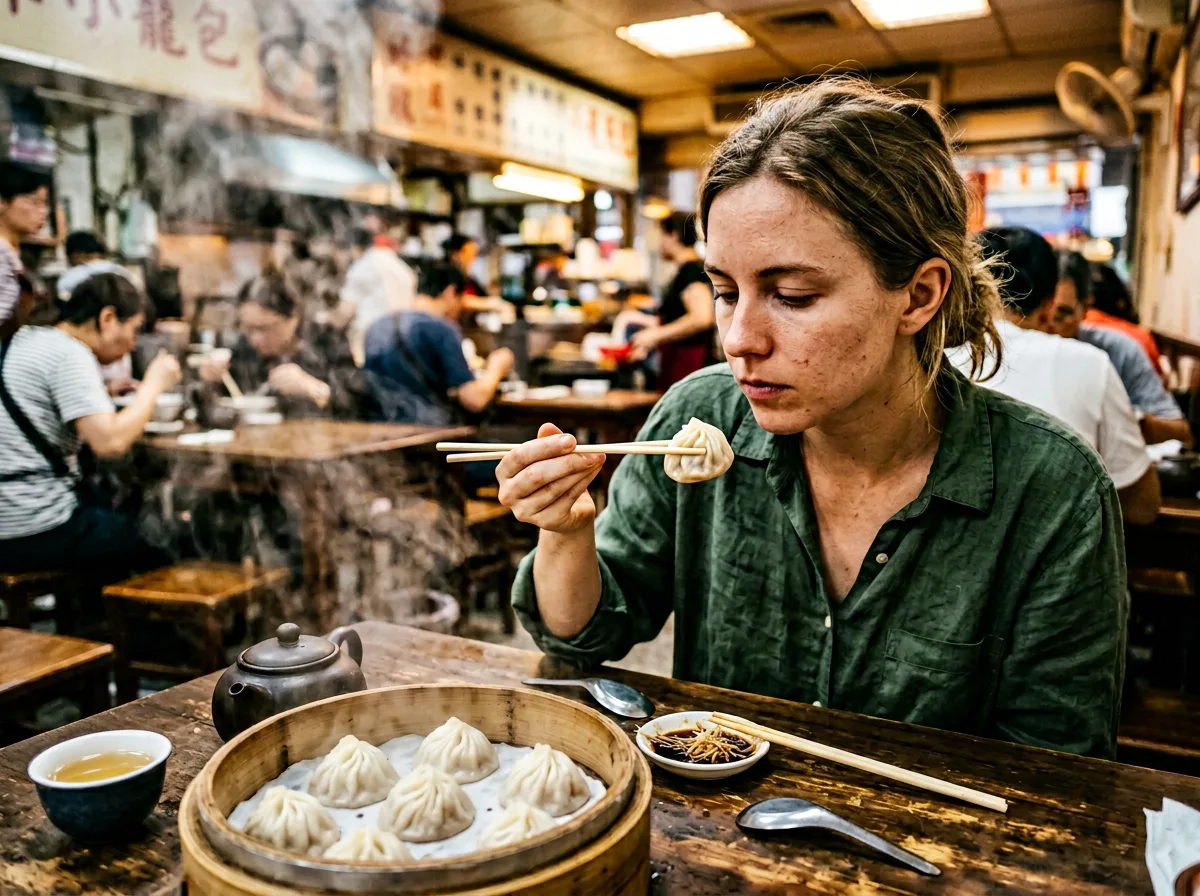 Taiwanese night market food stall with beef noodle soup and bubble tea
