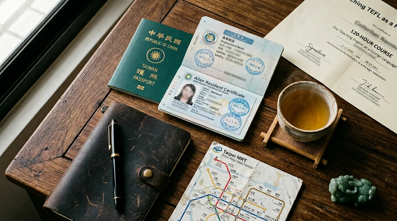 Taiwan ARC visa card and TEFL certificate flat-lay
