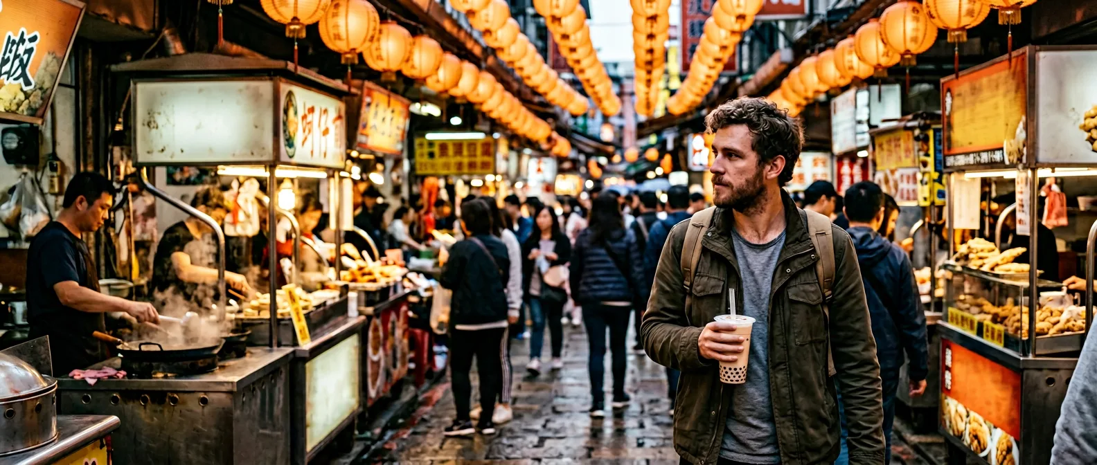 Taiwanese night market bustling with food stalls and crowds
