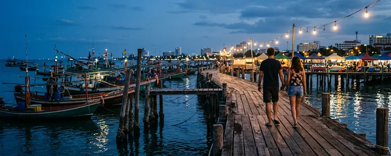 Hua Hin wooden pier with fishing boats at blue hour