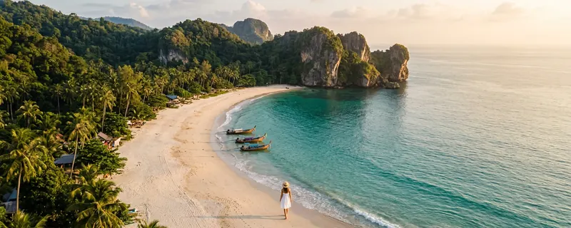 Phuket coastline with limestone cliffs and long-tail boats
