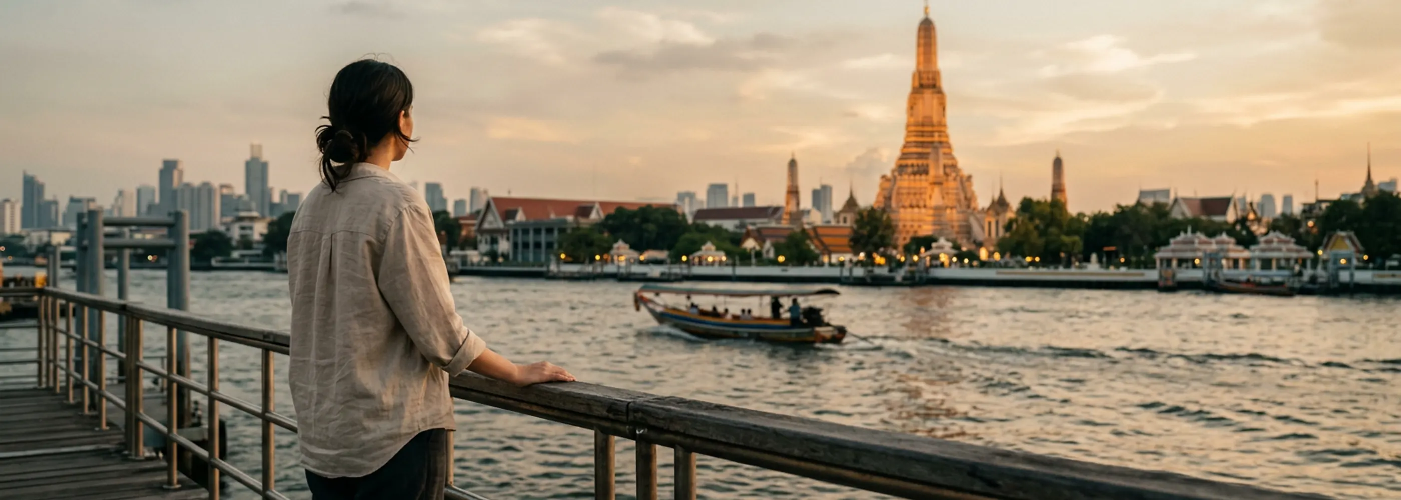 Bangkok skyline at sunset with Wat Arun and the Chao Phraya river