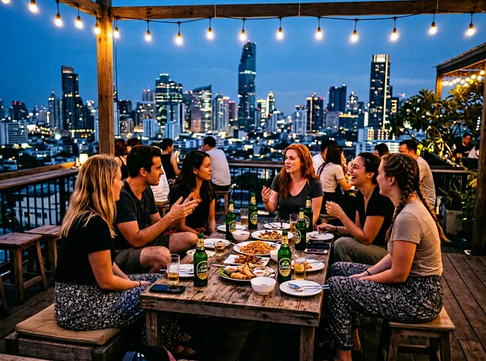 Rooftop gathering in Bangkok at blue hour