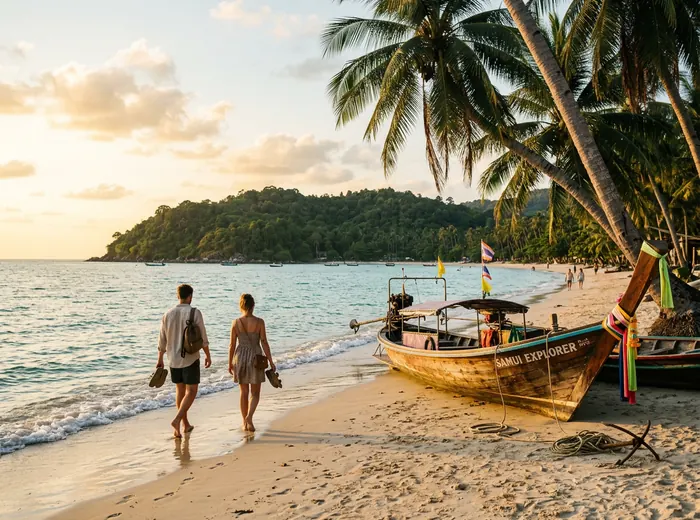 Koh Samui beach with long-tail boat at golden hour