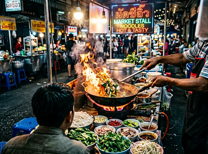 Thai night market with steaming wok and fresh herbs