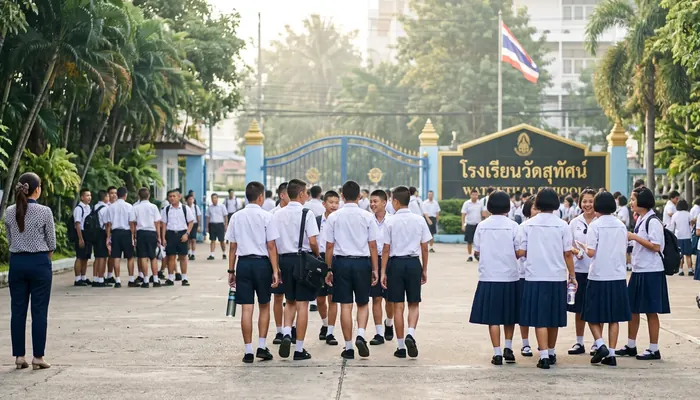 Thai government school exterior with tamarind trees