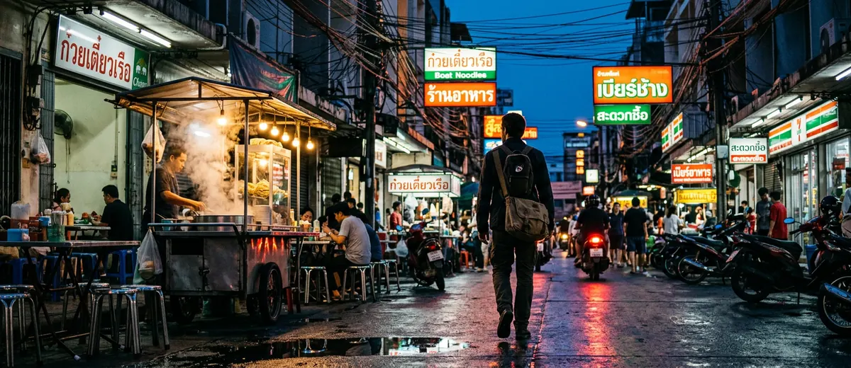 Bangkok neon-lit street at dusk
