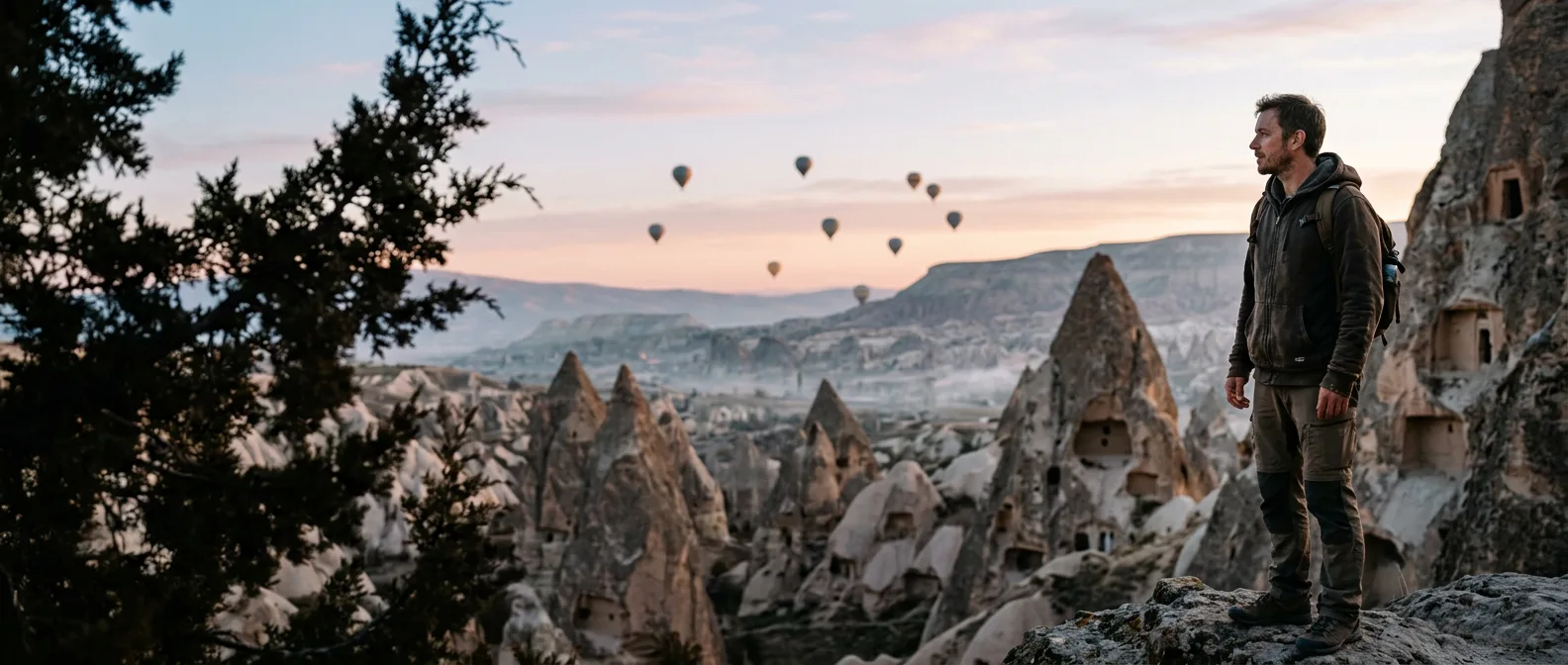 Cappadocia fairy chimneys with hot air balloons at dawn