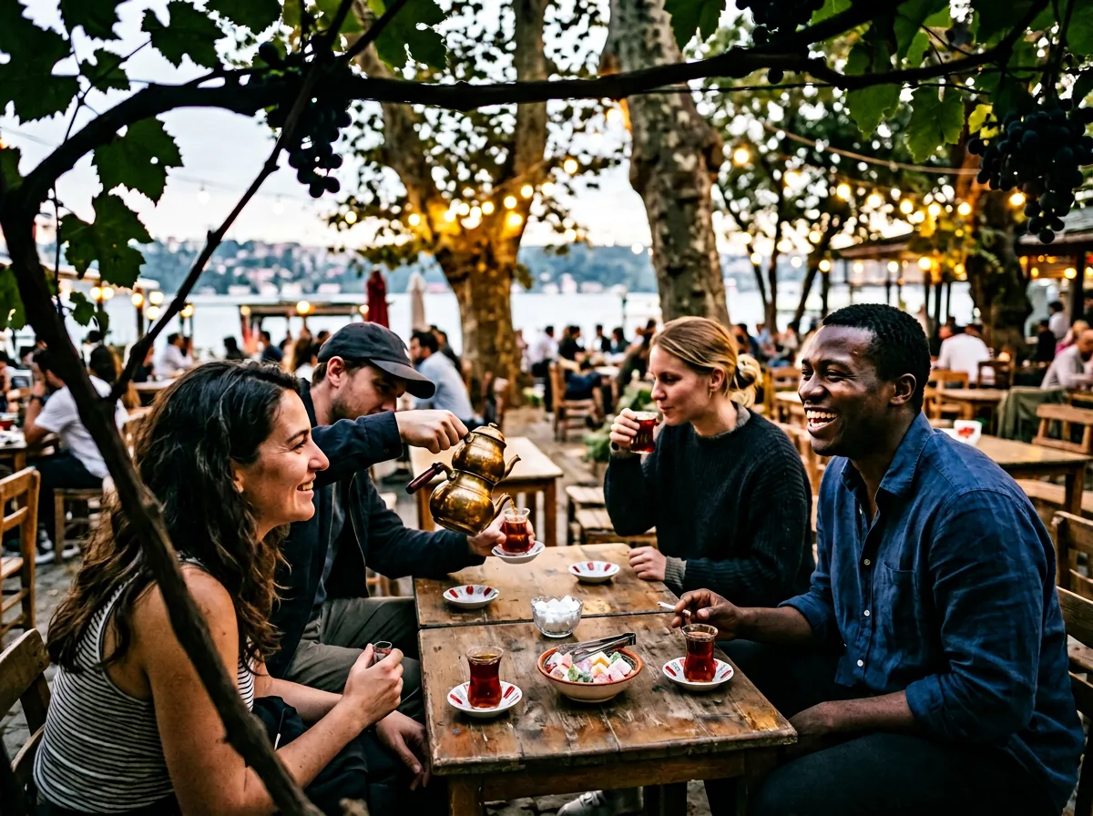 Expat teachers sharing çay at an Istanbul rooftop café