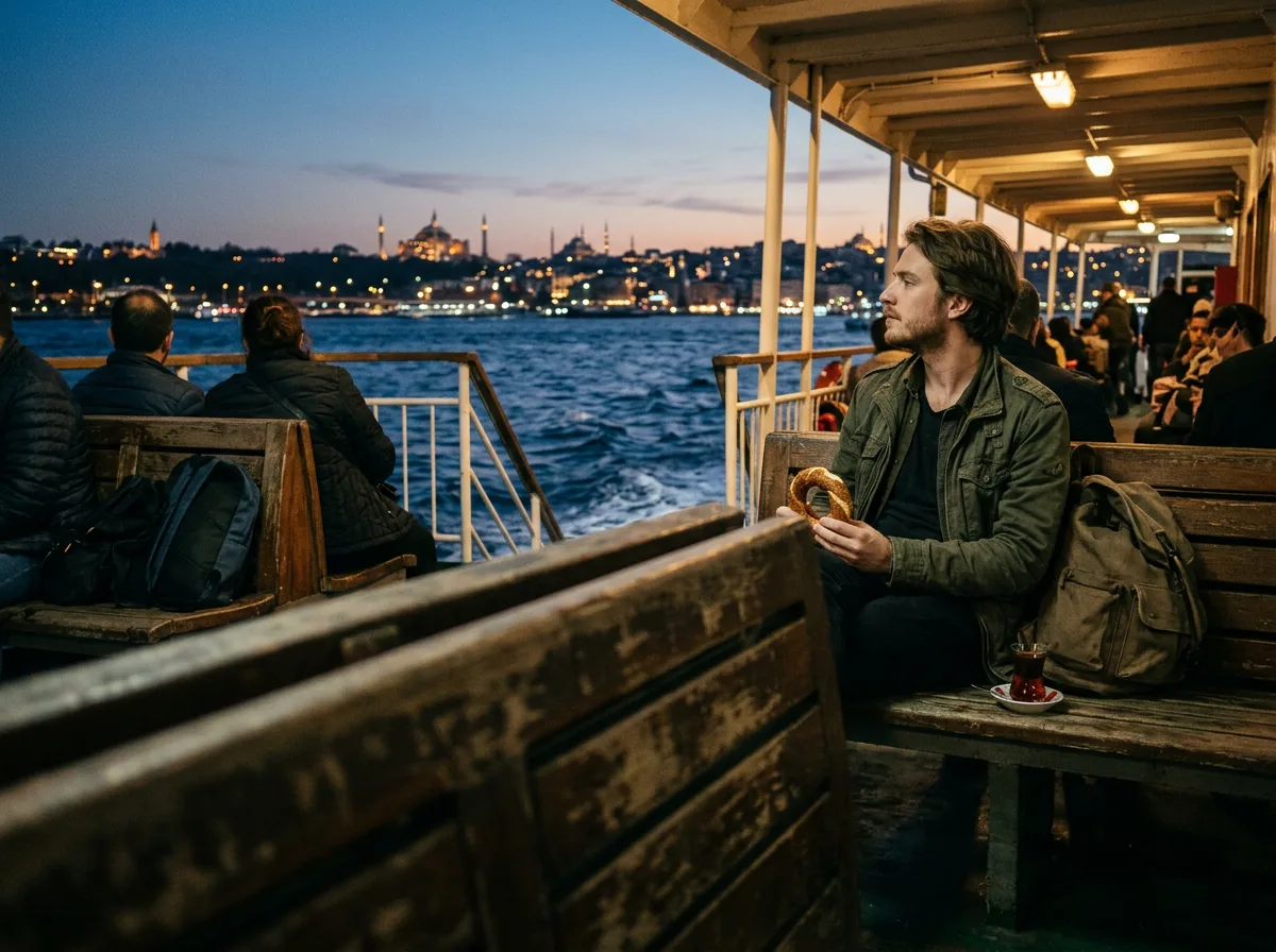 Istanbul ferry crossing the Bosphorus at dusk