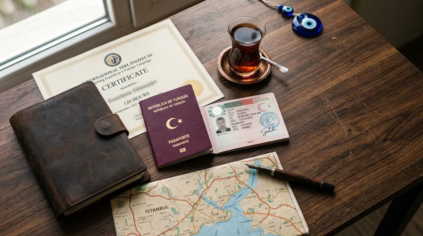 Turkish work permit and TEFL certificate flat-lay