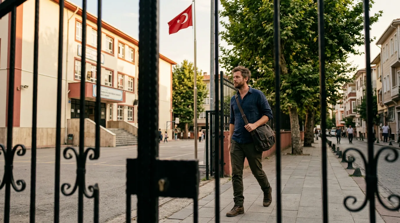 Turkish public school exterior with students