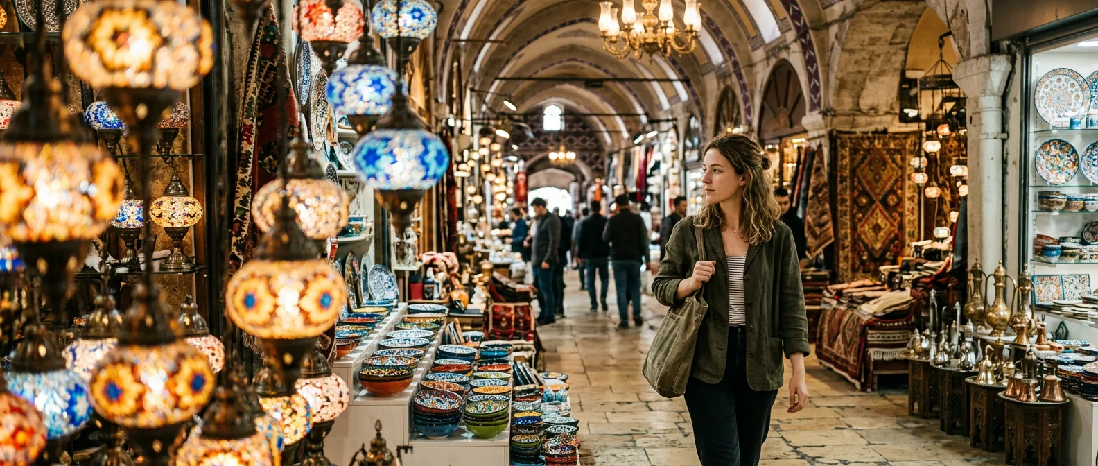 Istanbul Grand Bazaar with spice vendors and shoppers