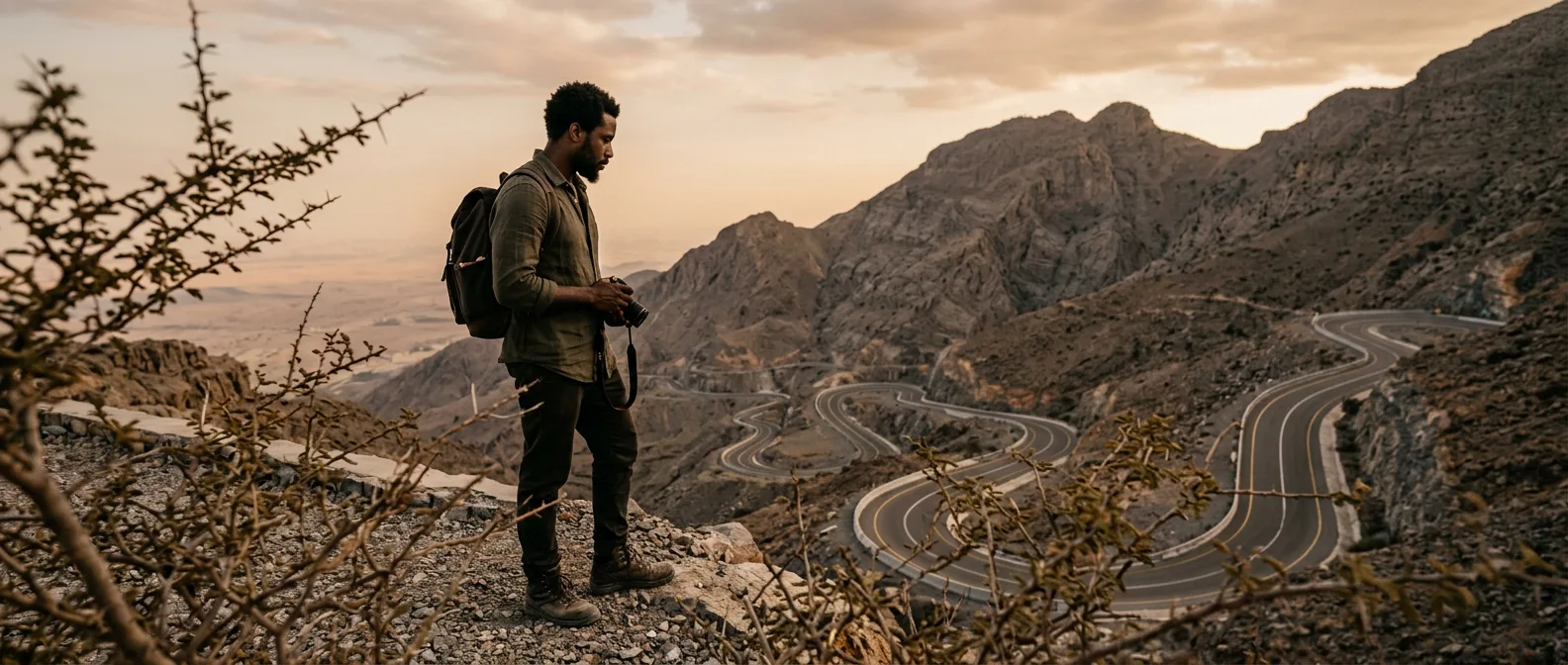 Ras Al Khaimah coastline with Hajar Mountains in the background