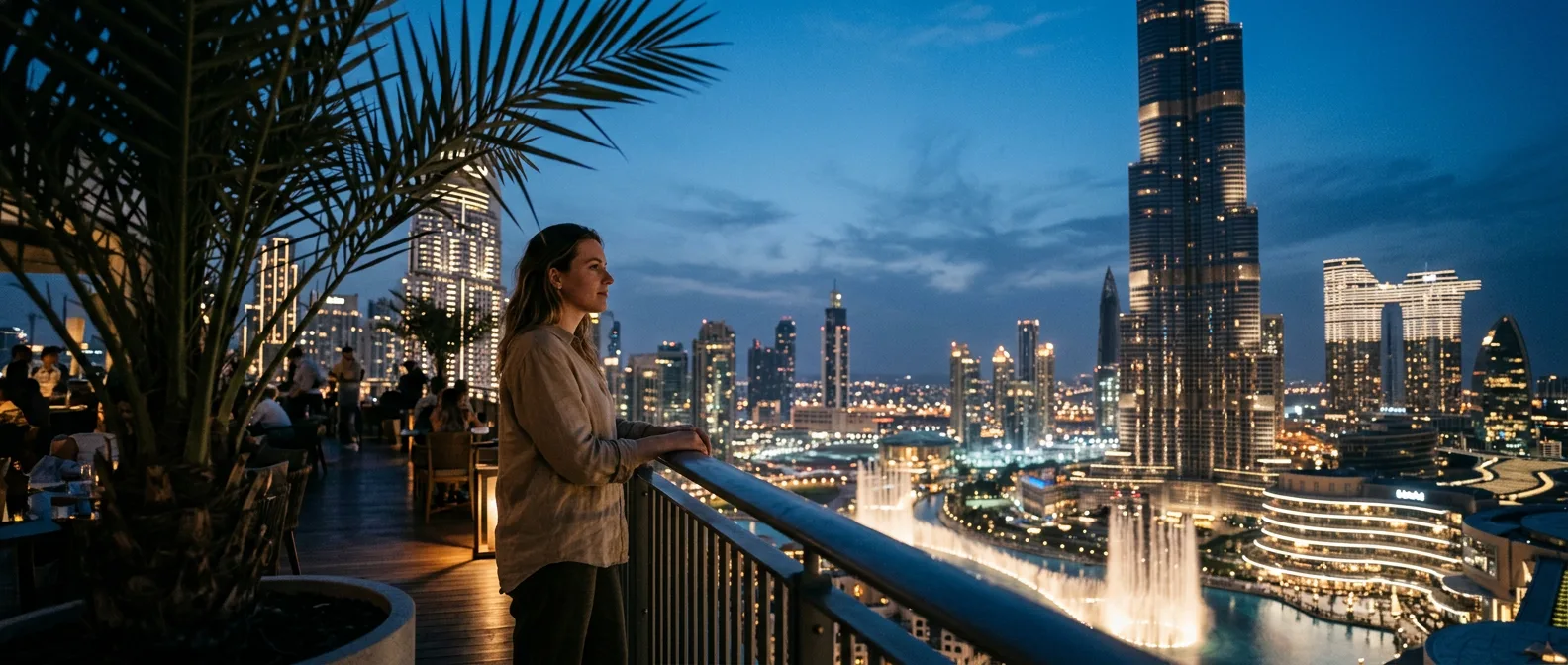Dubai skyline at sunset with Burj Khalifa