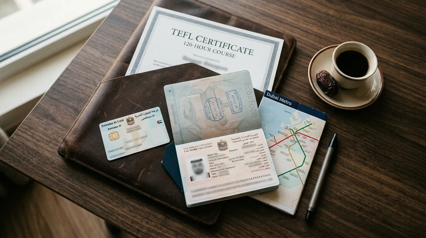 UAE visa documents and TEFL certificate flat-lay