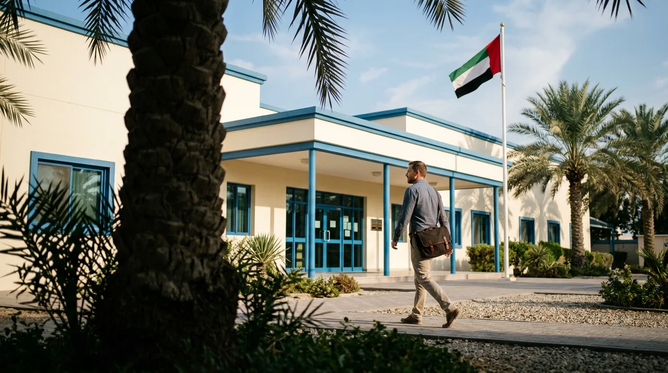 UAE government school exterior with national flag
