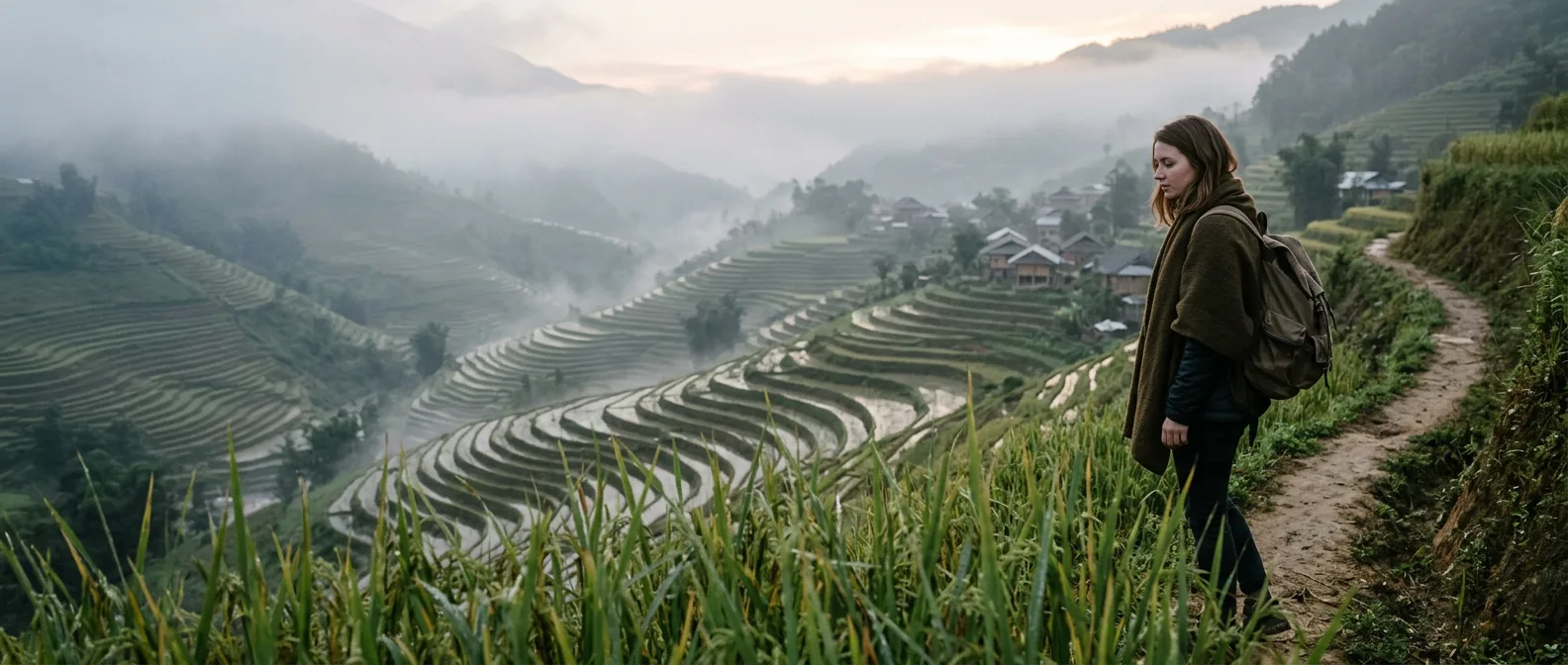 Sapa rice terraces with mountain backdrop in northern Vietnam