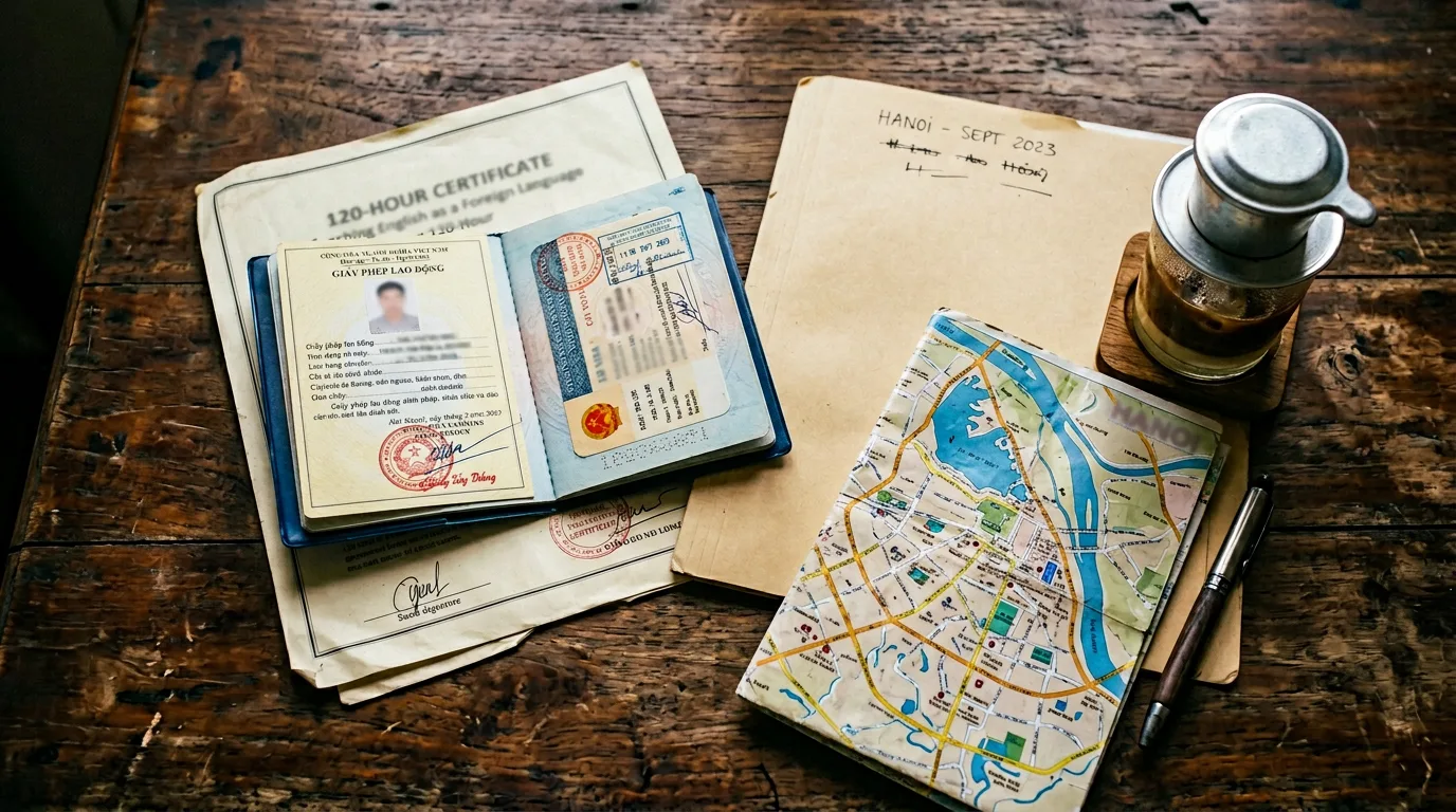 Vietnam visa documents and TEFL certificate flat-lay