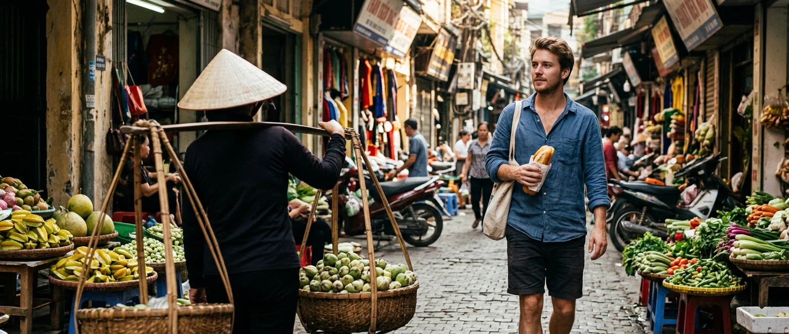 Vietnamese street market with fresh produce and local vendors